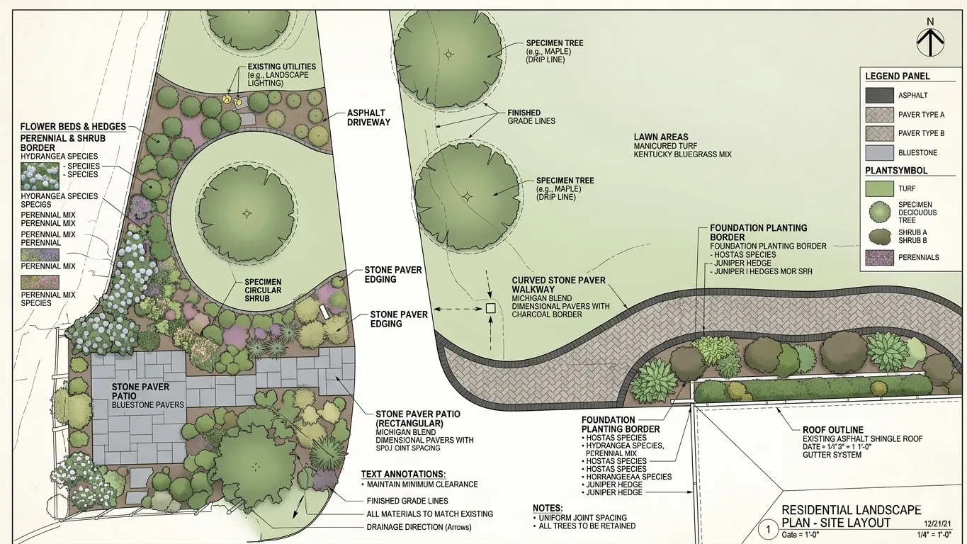 Residential landscape design site plan showing planting beds, stone paver walkway, and patio layout